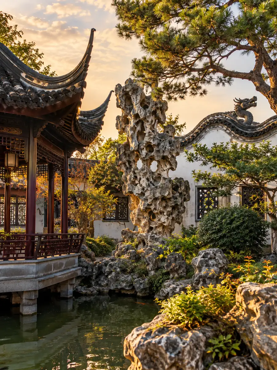 Illustration of a classical Chinese garden courtyard with a pierced rockery, an upturned-eave pavilion and a dragon-ridged wall