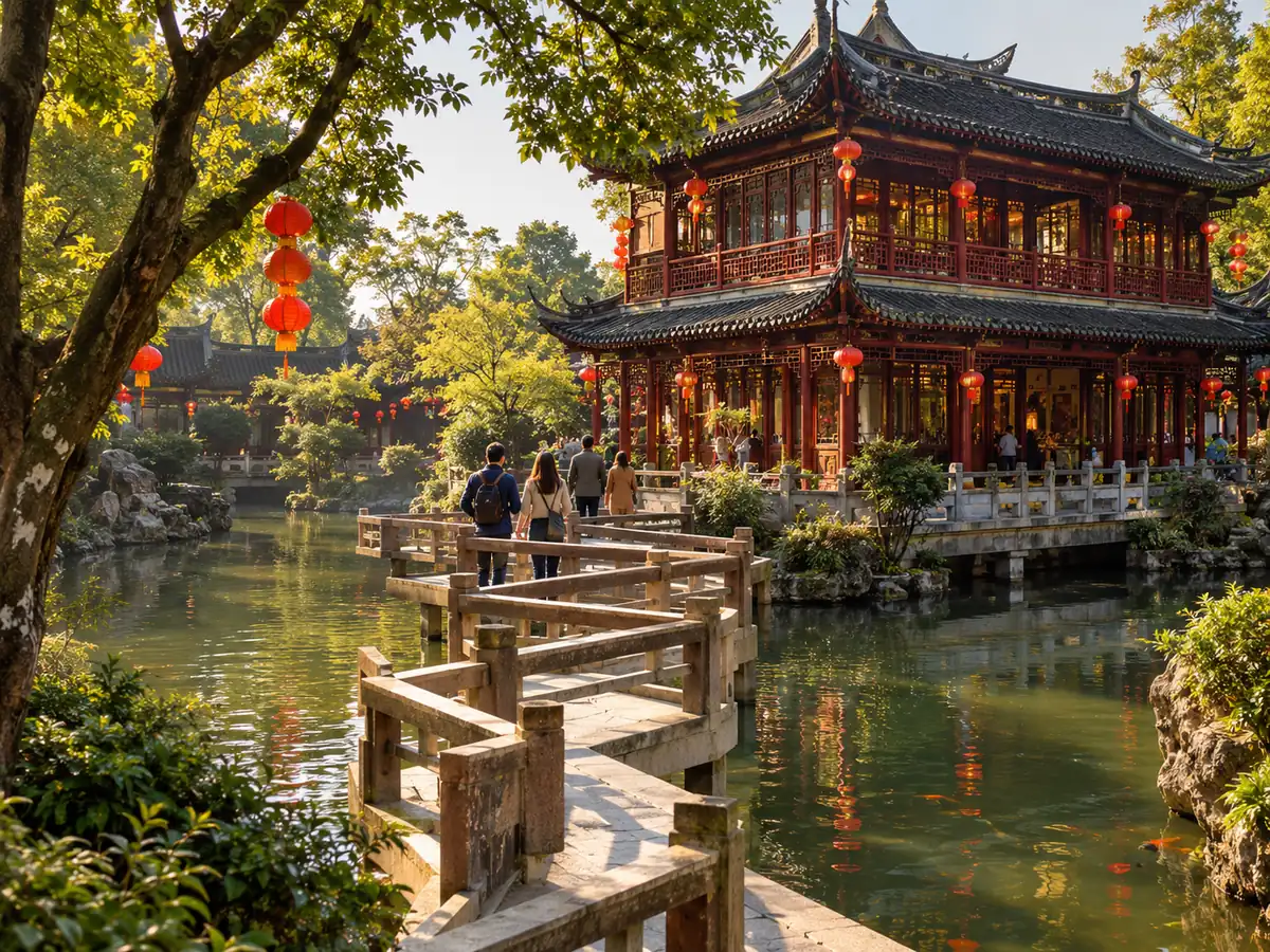 Illustration of the zigzag Nine-Turn Bridge and a two-storey teahouse with red lanterns in old Shanghai