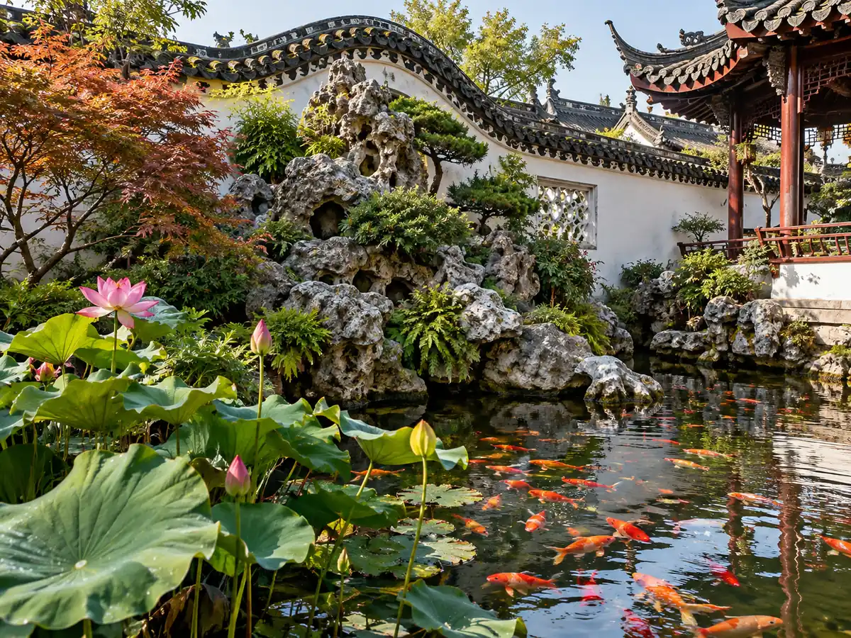 Illustration of a rockery, koi pond and dragon-ridged white wall in a Shanghai garden